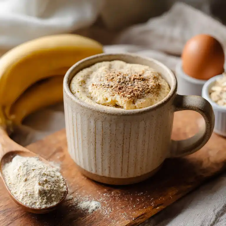 3 ingredient protein mug cake vanilla with banana, egg, and protein