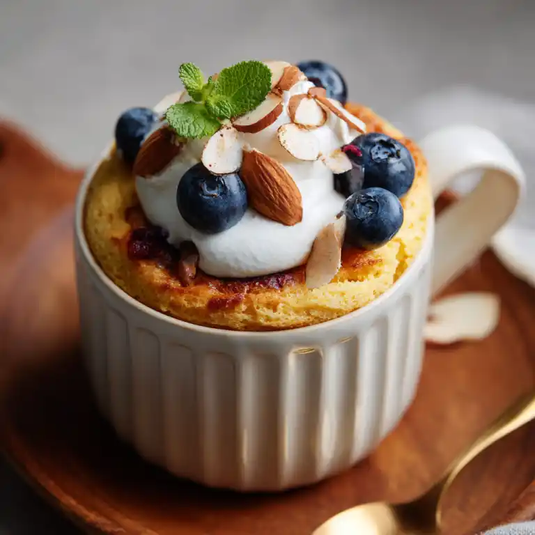 almond cottage cheese mug cake on rustic kitchen counter
