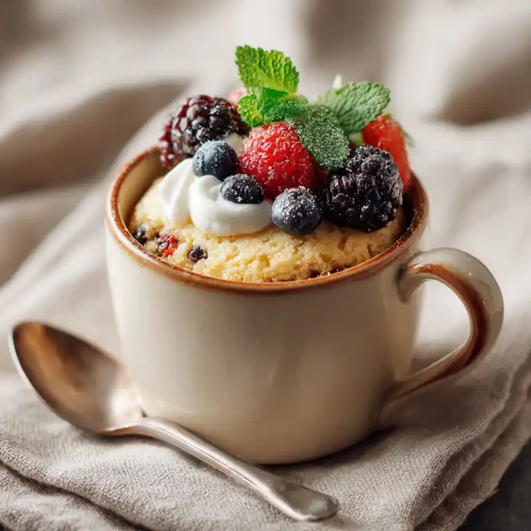 served almond cottage cheese mug cake with toppings