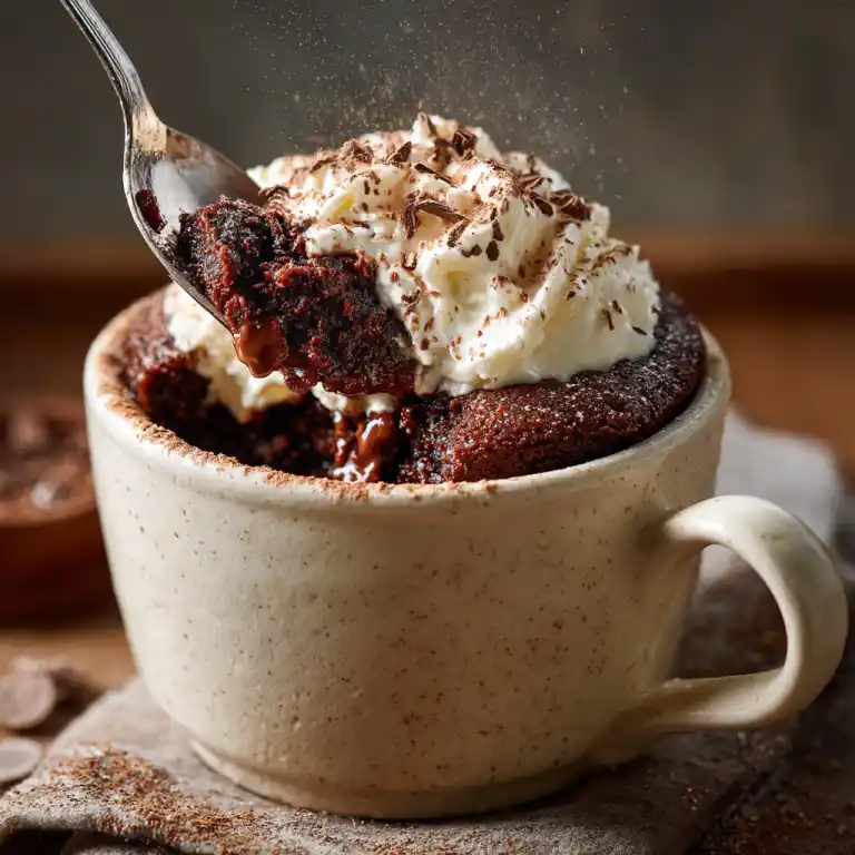 Serving of best chocolate mug cake keto topped with whipped cream