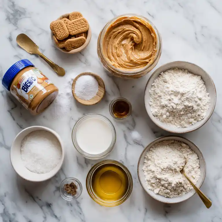 ingredients for biscoff mug cake in bowls
