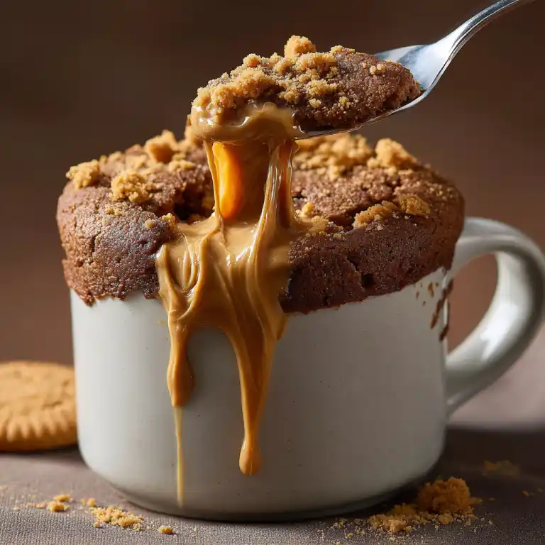 served biscoff mug cake with gooey topping