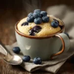 Blueberry sponge mug cake in rustic mug