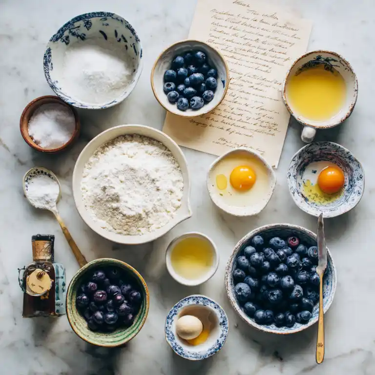 Ingredients for blueberry sponge mug cake laid out on table