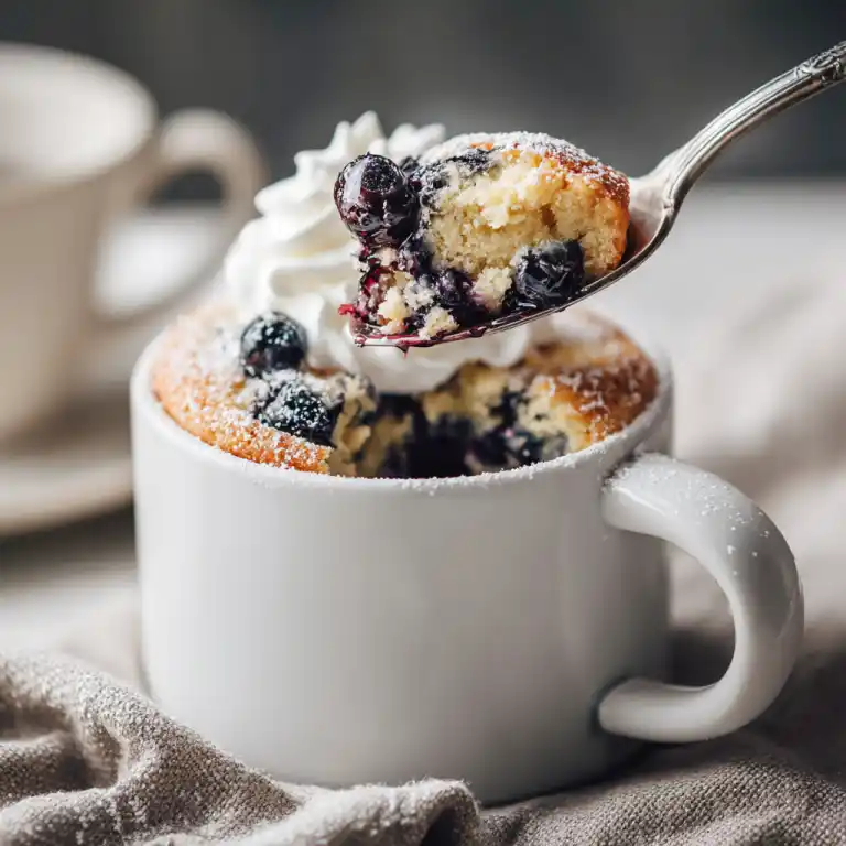 Blueberry sponge mug cake served with cream and powdered sugar