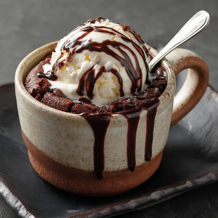 brownies in mug recipe topped with vanilla ice cream