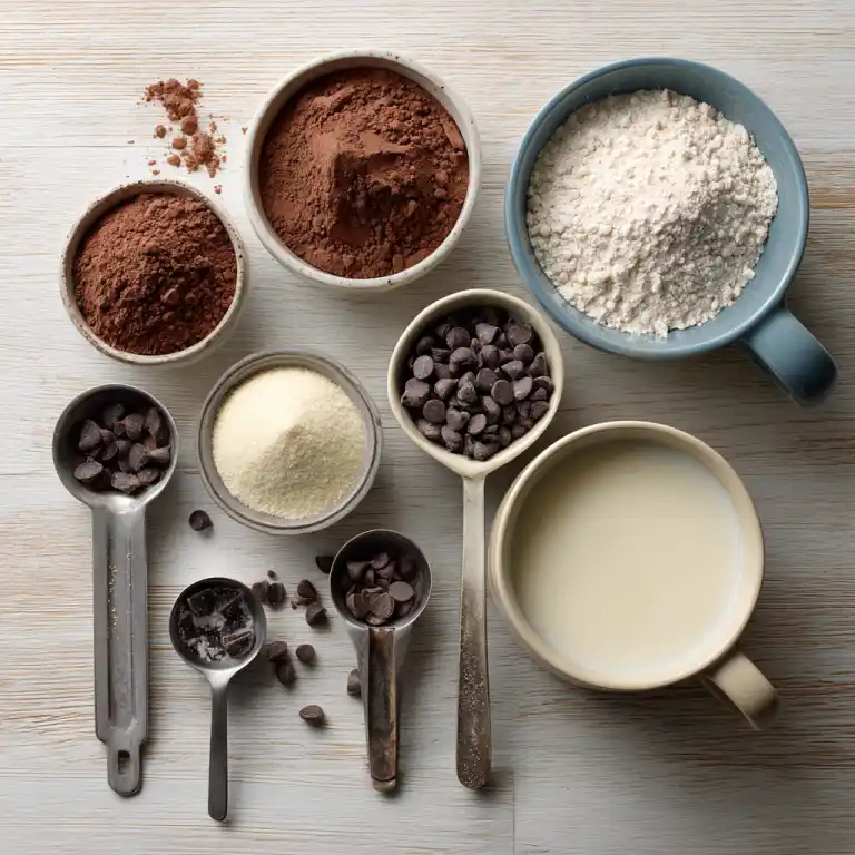 cake in mug chocolate ingredients laid out on table