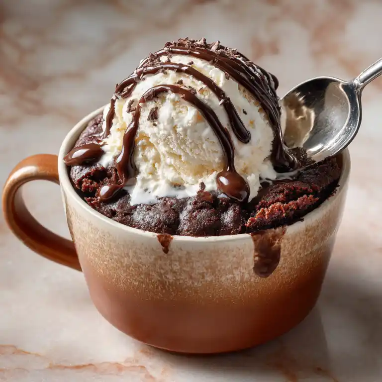 cake in mug chocolate served with ice cream and drizzle
