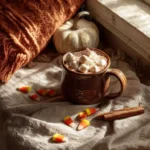 candy corn mug cake in fall kitchen setting