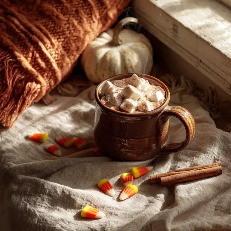 candy corn mug cake in fall kitchen setting