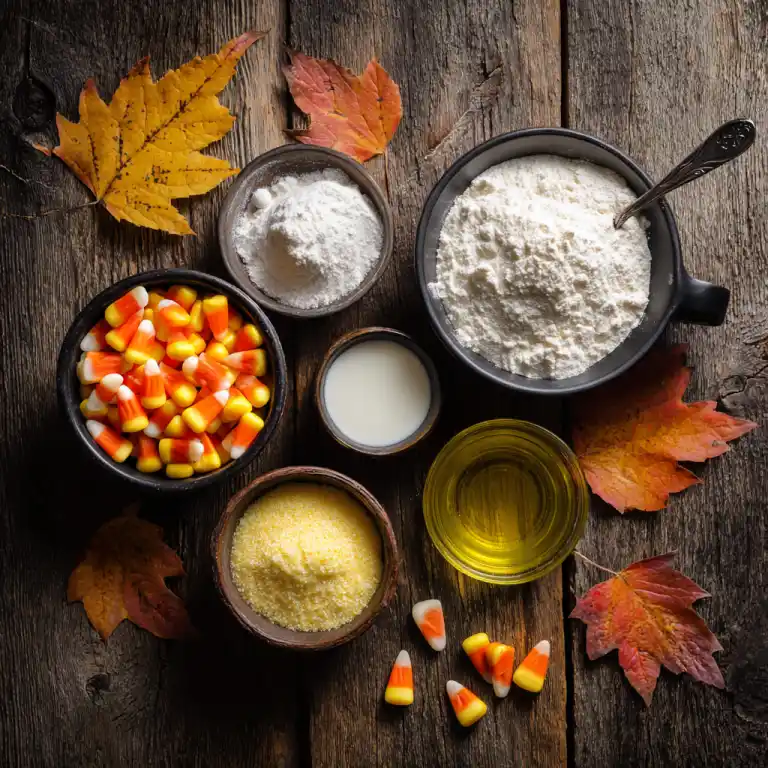 candy corn mug cake ingredients flat lay