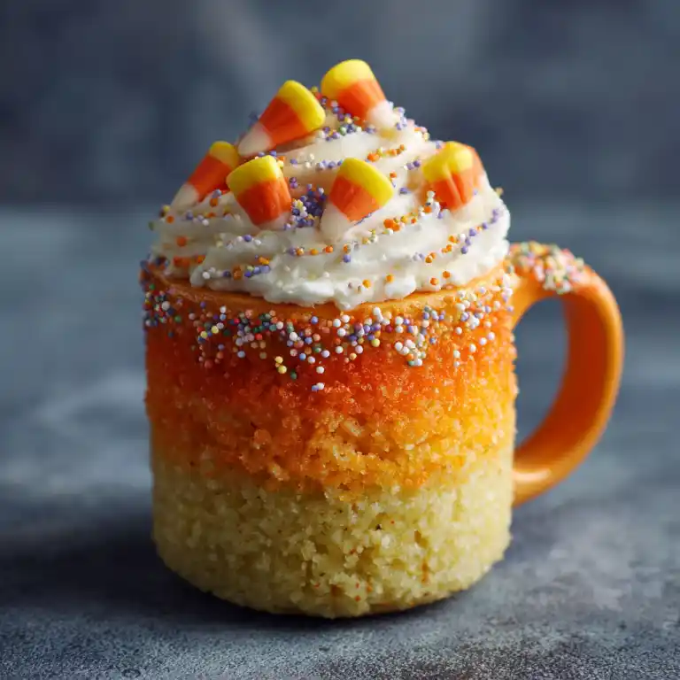 candy corn mug cake in fall kitchen setting