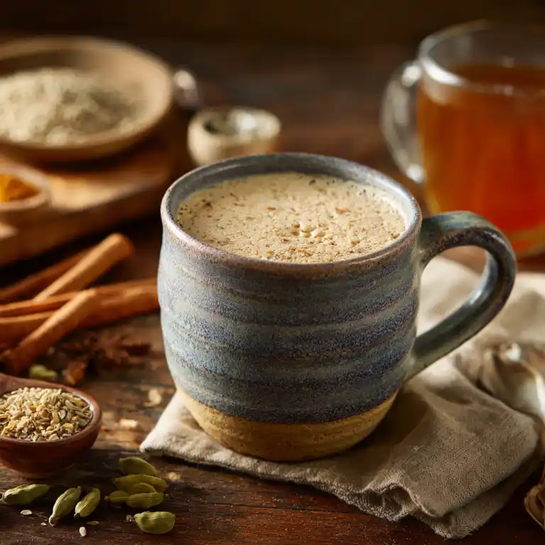 Chai spice mug cake in ceramic mug on rustic table