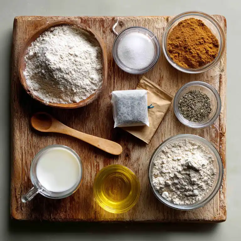 Ingredients for chai spice mug cake on wooden board