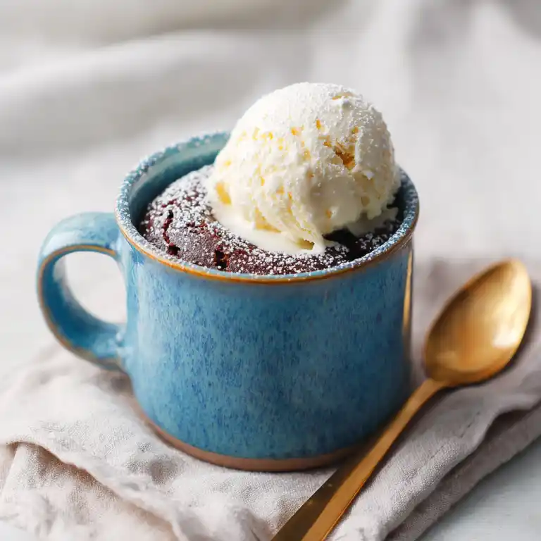 served easy chocolate mug cake in microwave with ice cream