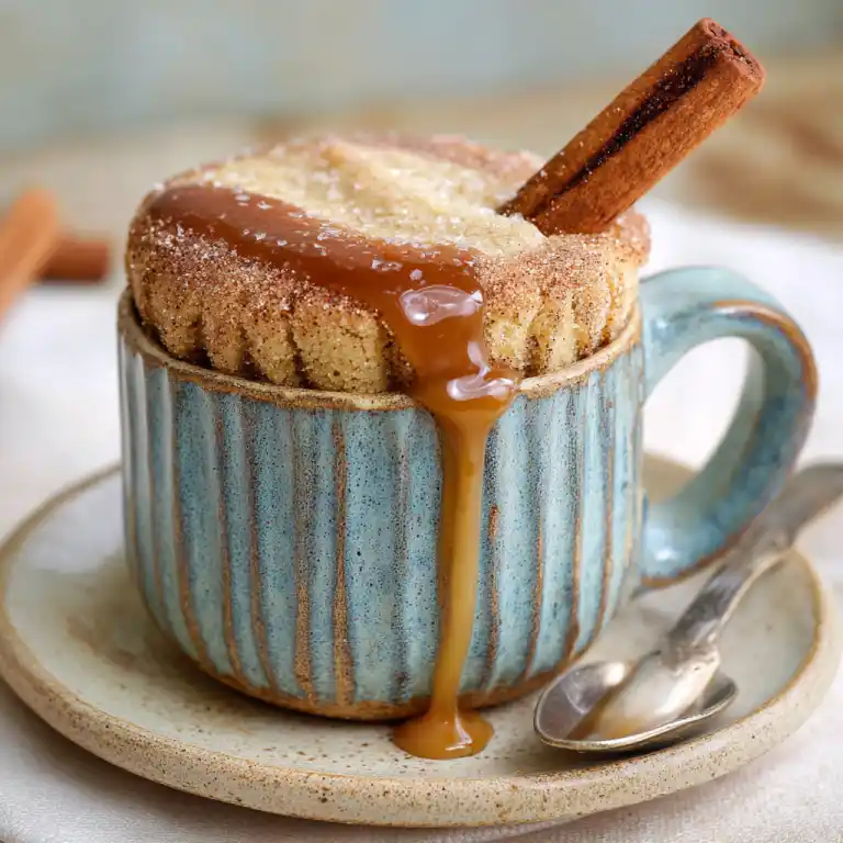 Churro mug cake recipe in a ceramic mug