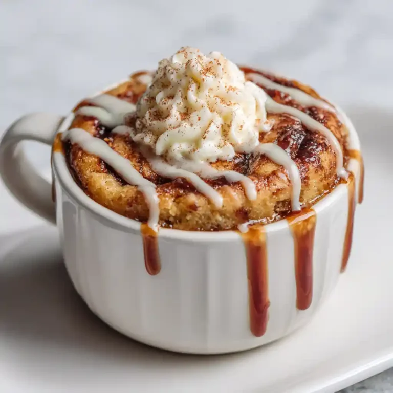 Cinnamon roll mug cake with whipped cream, icing drizzle, and caramel in a white ramekin