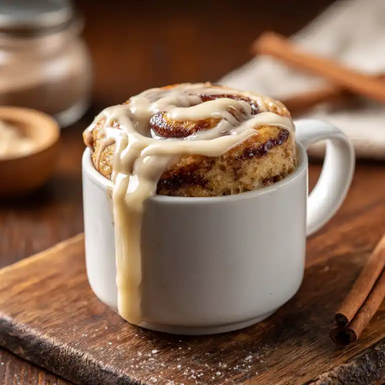 Cinnamon roll mug cake with glaze in a mug