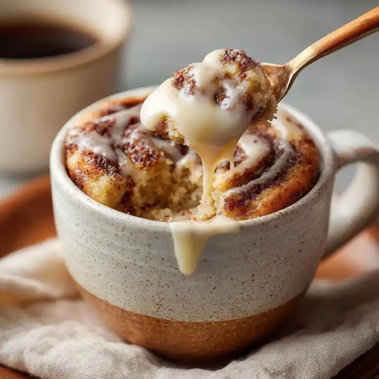 Served cinnamon roll mug cake with spoon and glaze