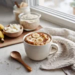cottage cheese banana bread mug cake in cozy kitchen