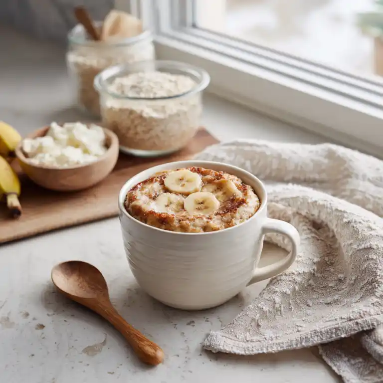 cottage cheese banana bread mug cake in cozy kitchen
