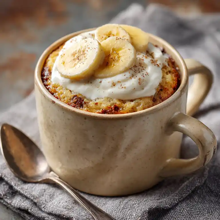 served cottage cheese banana bread mug cake with banana slices