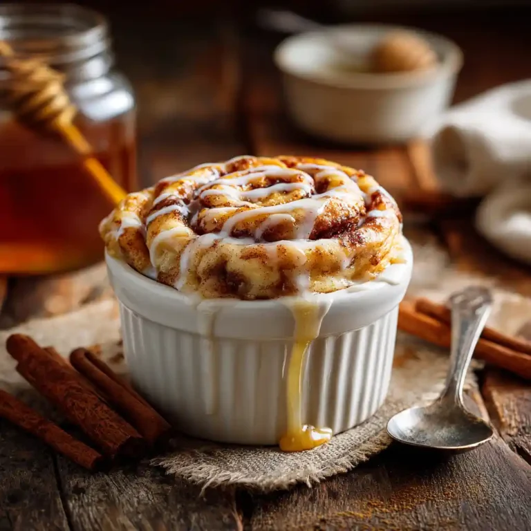 Cottage Cheese Cinnamon Roll Mug Cake with vanilla glaze drizzle