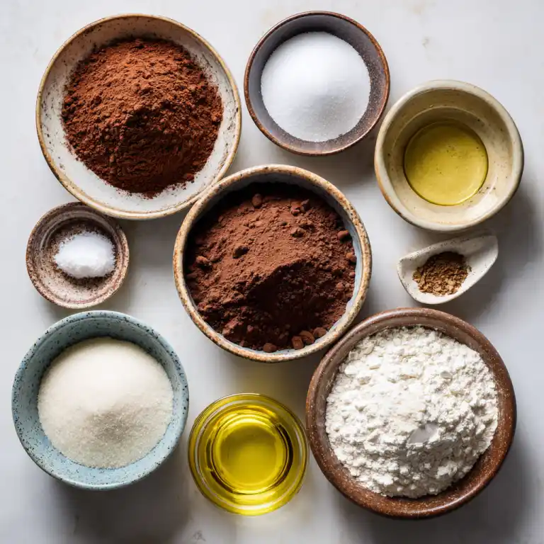 ingredients for easy brownie mug recipe arranged on kitchen counter