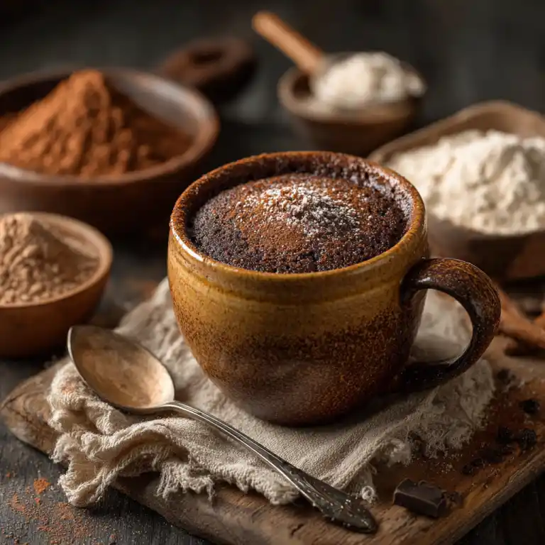 easy chocolate mug cake in microwave on rustic countertop