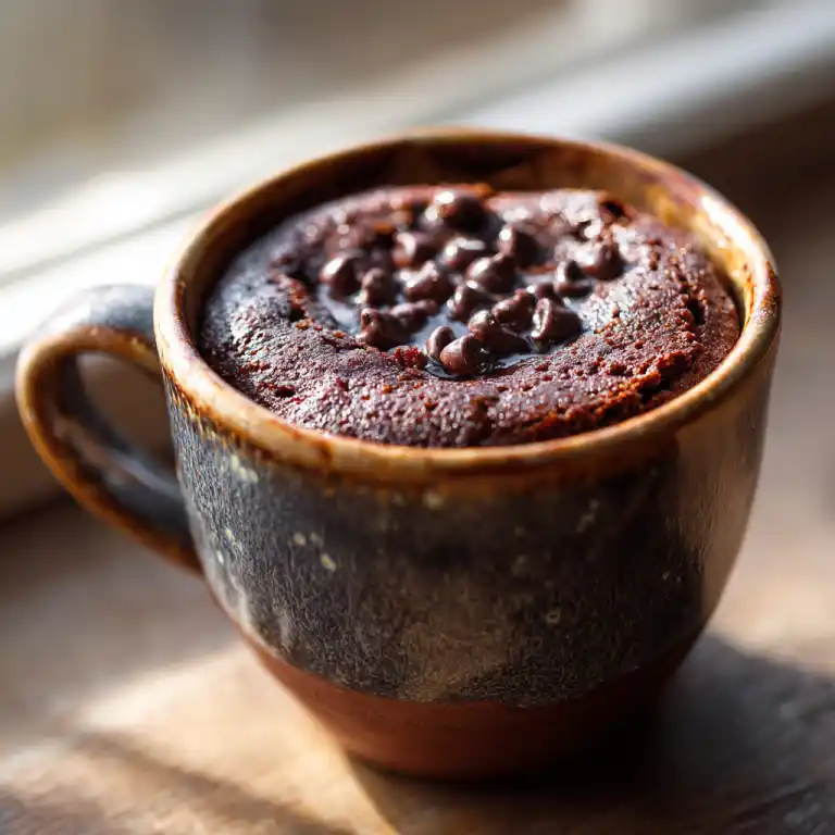 espresso chocolate mug cake in ceramic mug