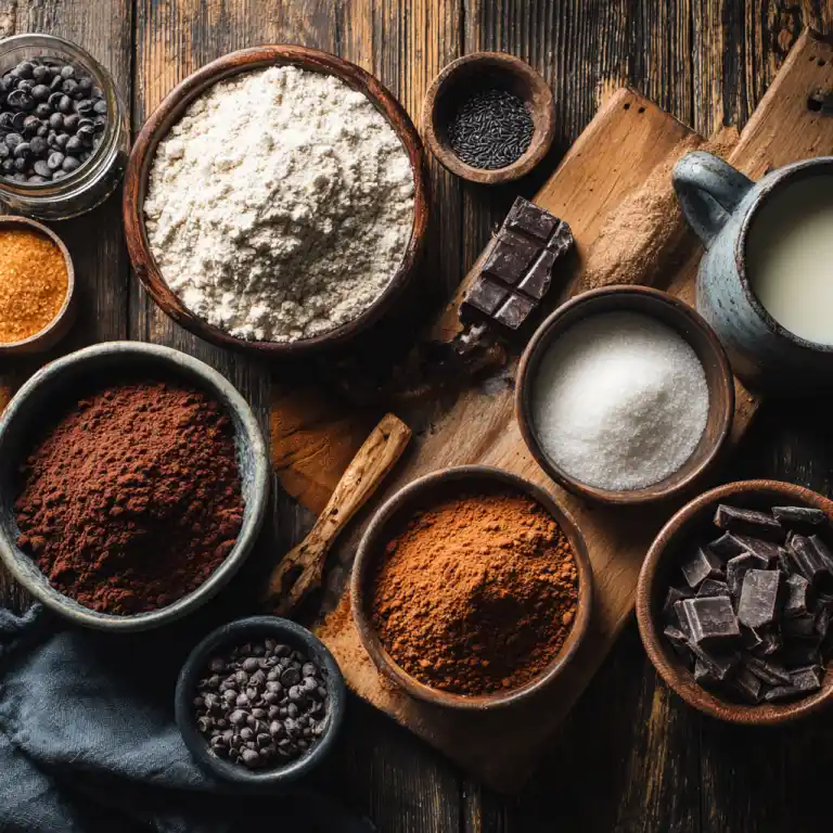 espresso chocolate mug cake ingredients flat lay