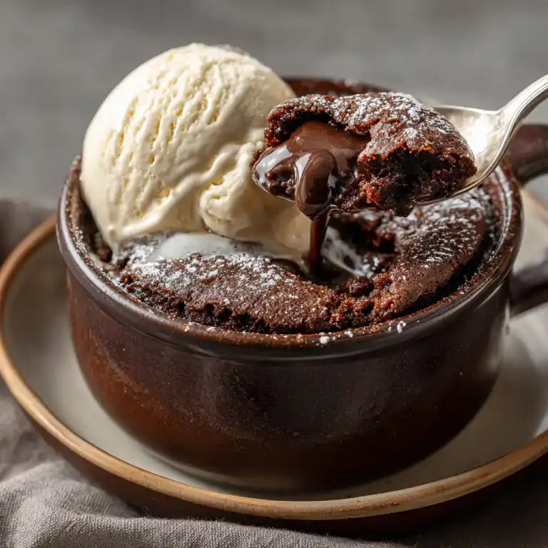 serving espresso chocolate mug cake with ice cream