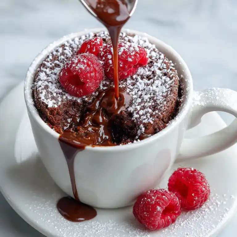 flourless chocolate cake in a mug on kitchen counter