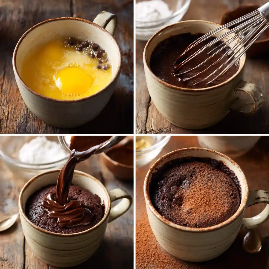 four-step recipe visual for flourless chocolate cake in a mug