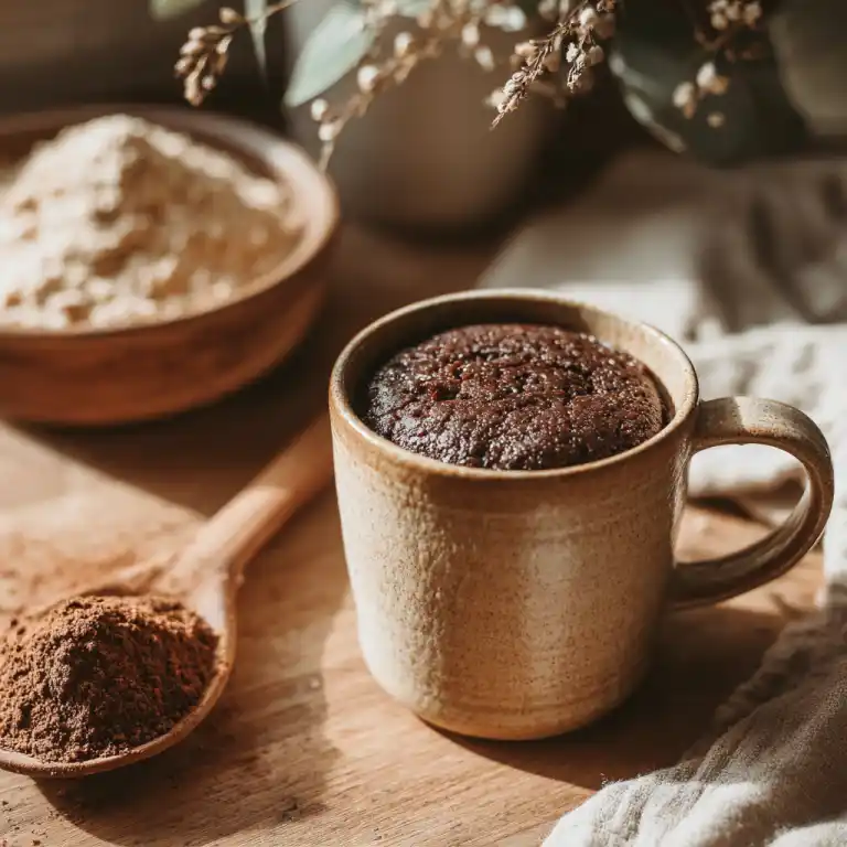 healthy date mug cake in ceramic mug