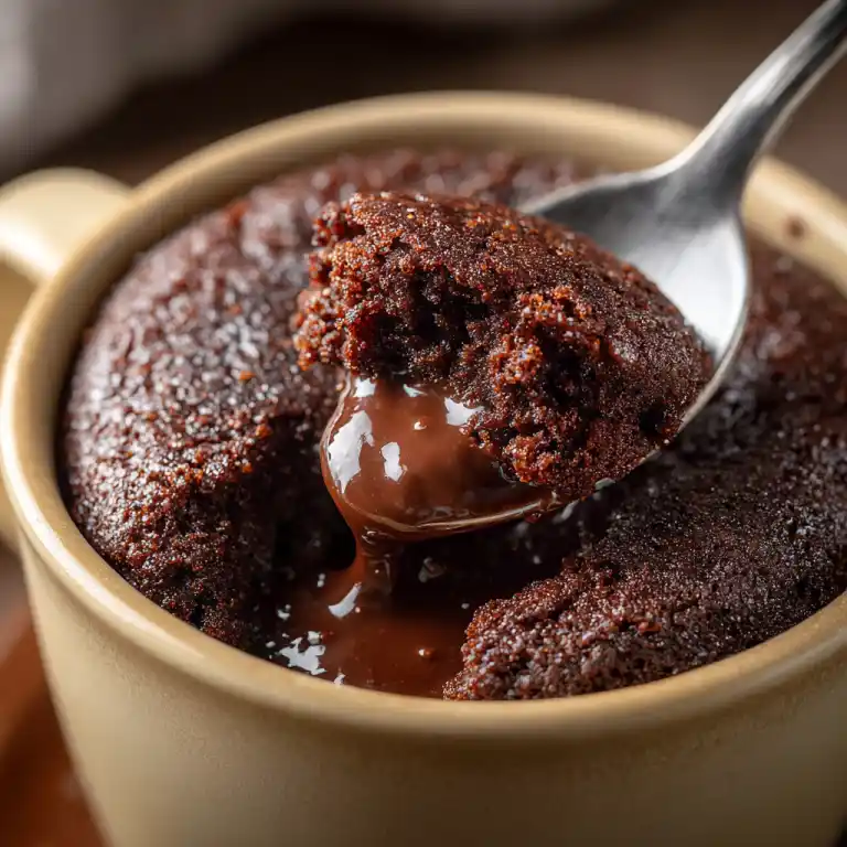 spoonful of healthy mug cake Greek yogurt with melted chocolate