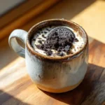 healthy Oreo mug cake in ceramic mug with crushed Oreo