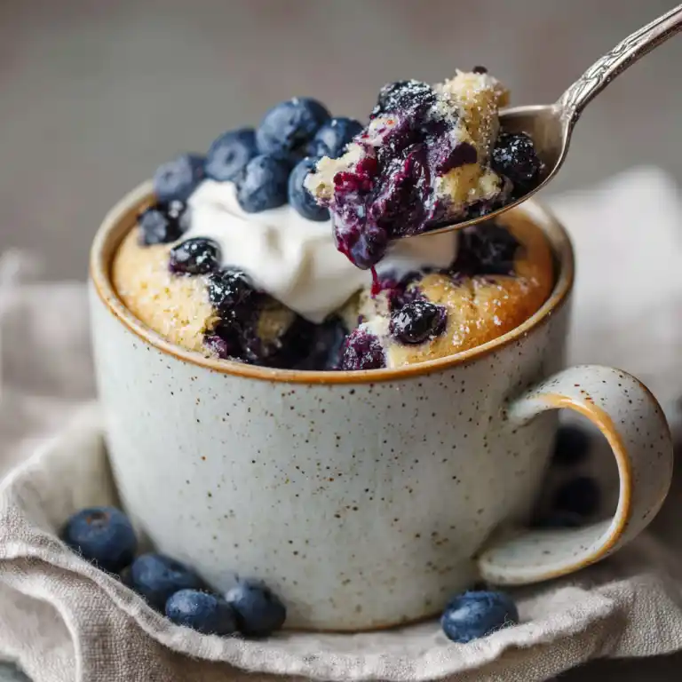 spoonful of high protein blueberry muffin mug cake with yogurt