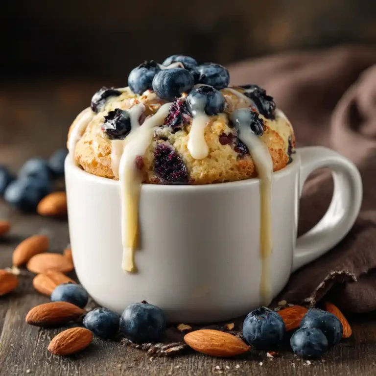 High Protein Blueberry Muffin Mug Cake with blueberries and yogurt glaze