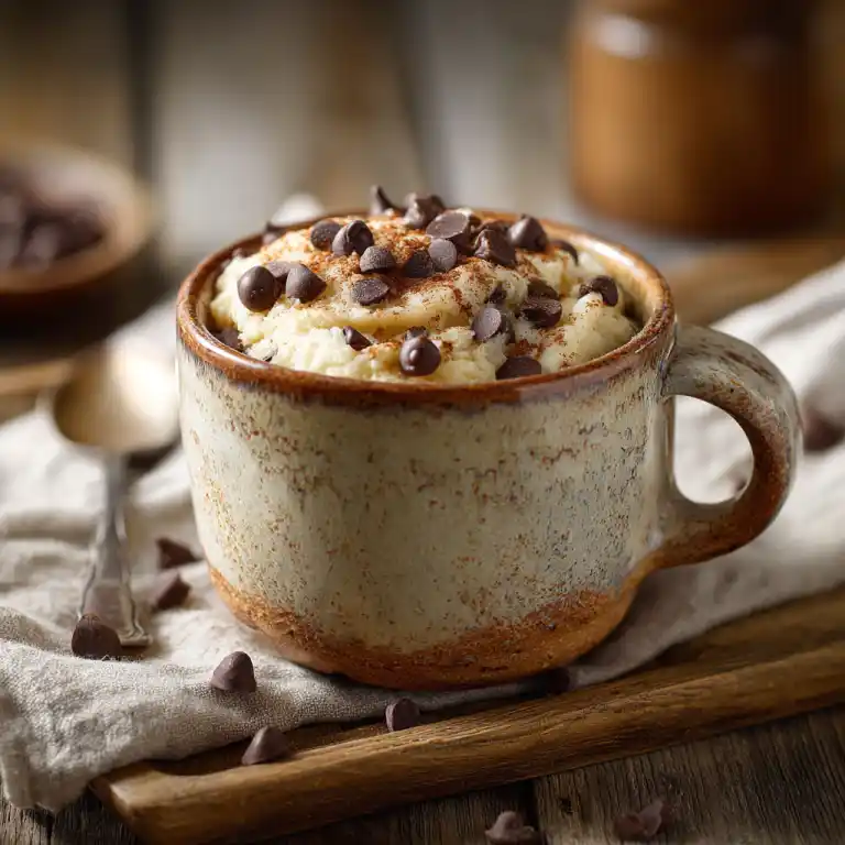 high protein cottage cheese mug cake in rustic mug