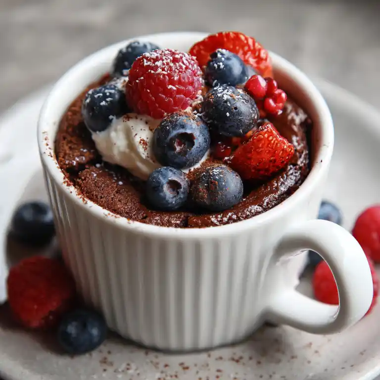 high protein mug cake in ceramic mug