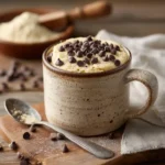 high protein vanilla mug cake in ceramic mug