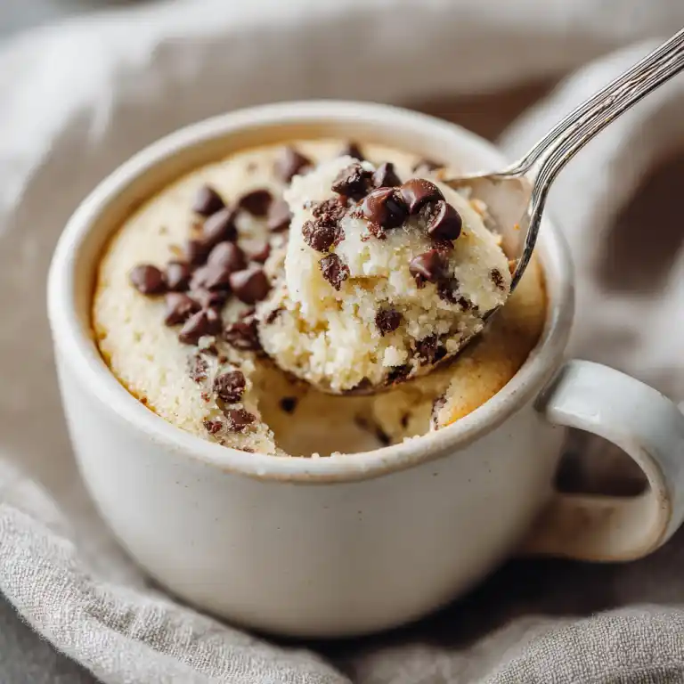 serving high protein vanilla mug cake with chocolate chips