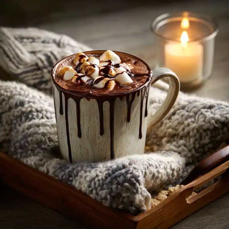 hot cocoa mug cake with toasted marshmallows and fudge