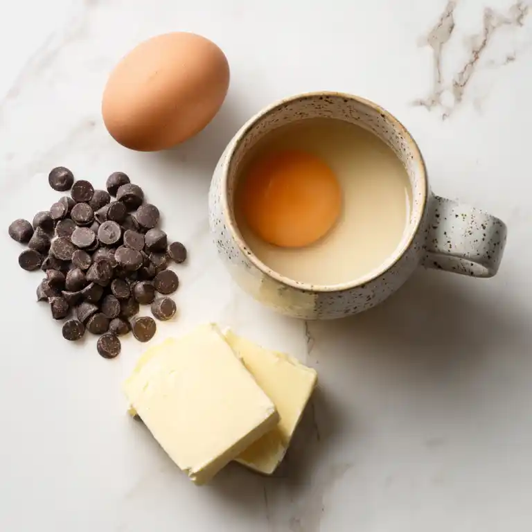 ingredients for flourless chocolate cake in a mug