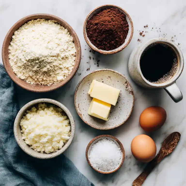 Keto chocolate cake mug ingredients arranged on countertop