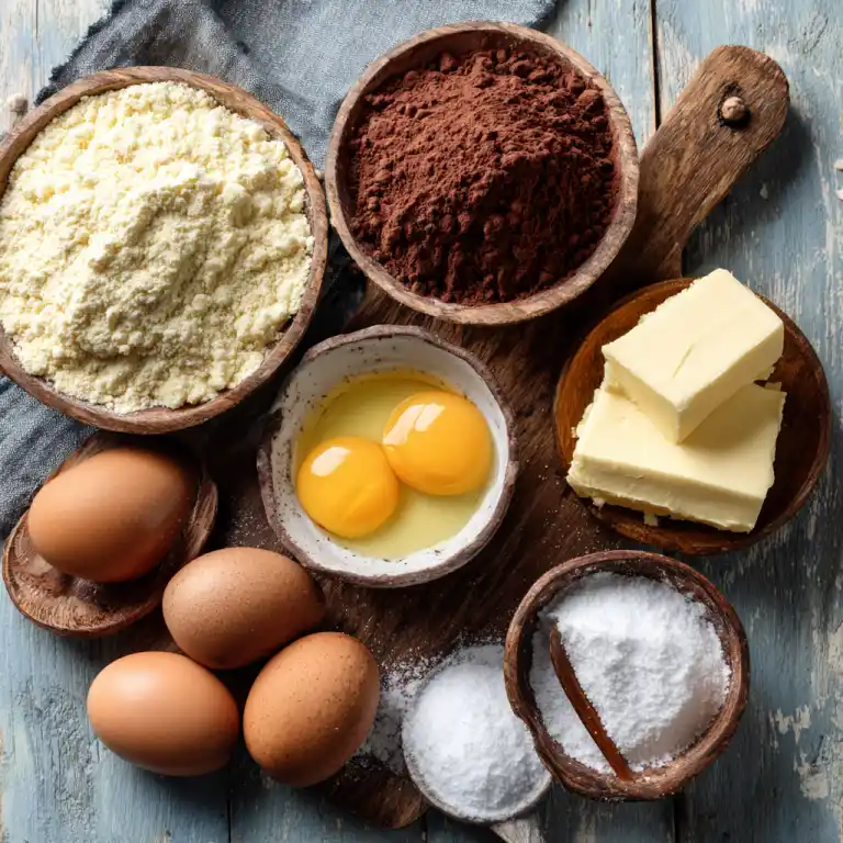 Ingredients for keto chocolate mug cake with cocoa powder