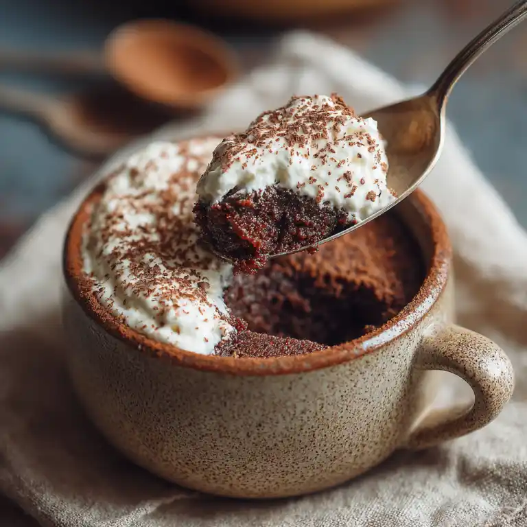 Serving of keto chocolate mug cake with cocoa powder topped with whipped cream