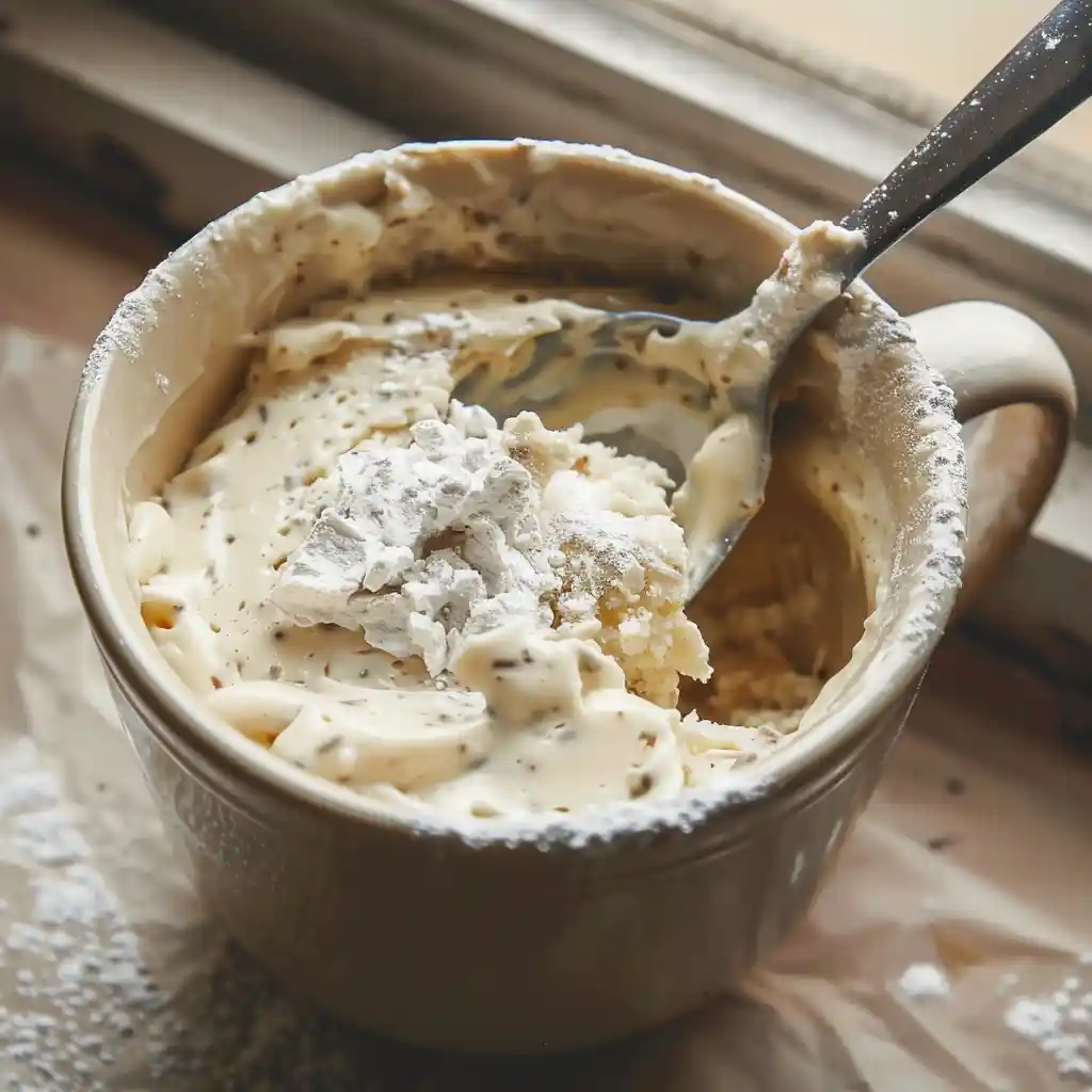 mixing vanilla coconut cottage cheese mug cake batter smooth texture