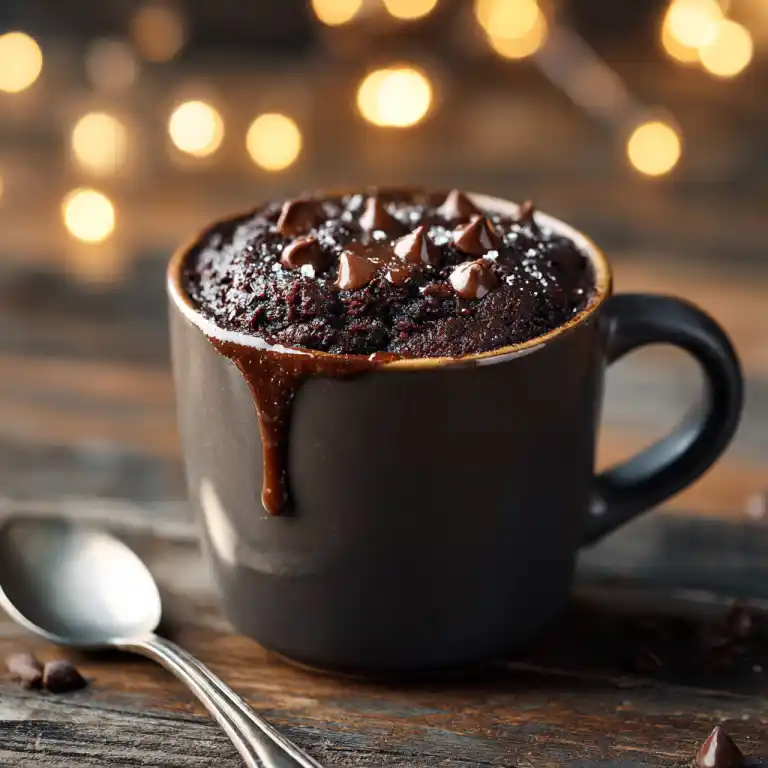mug brownie recipe without milk in ceramic cup with melted chocolate